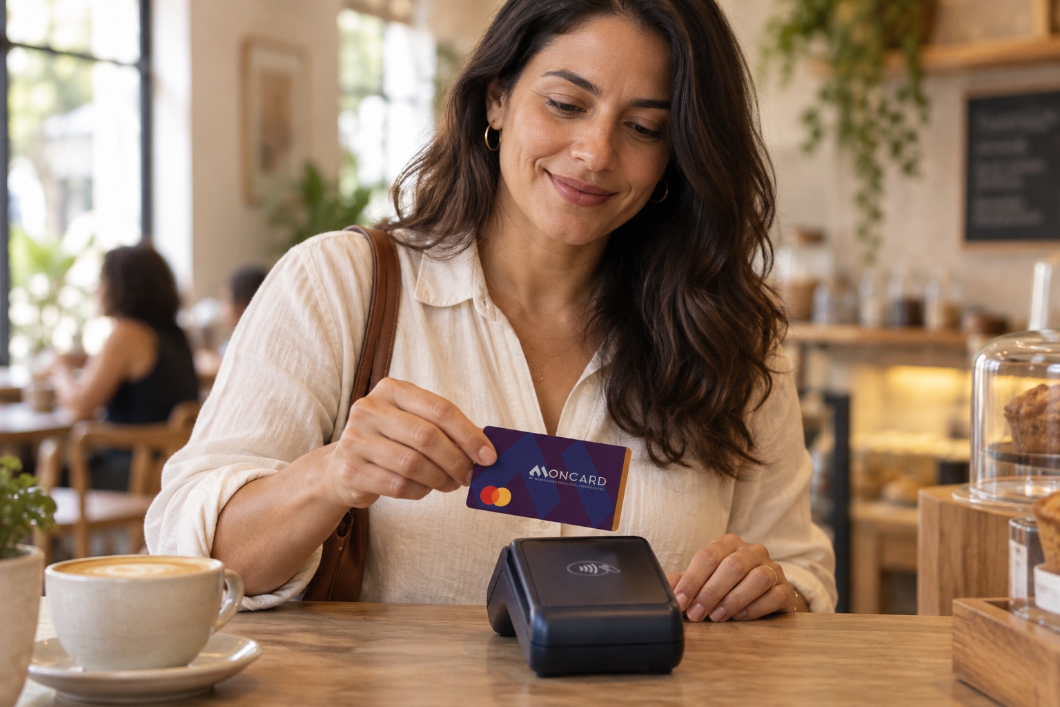 Cena ilustrativa de uma mulher usando o cartão Moncard em um café iluminado